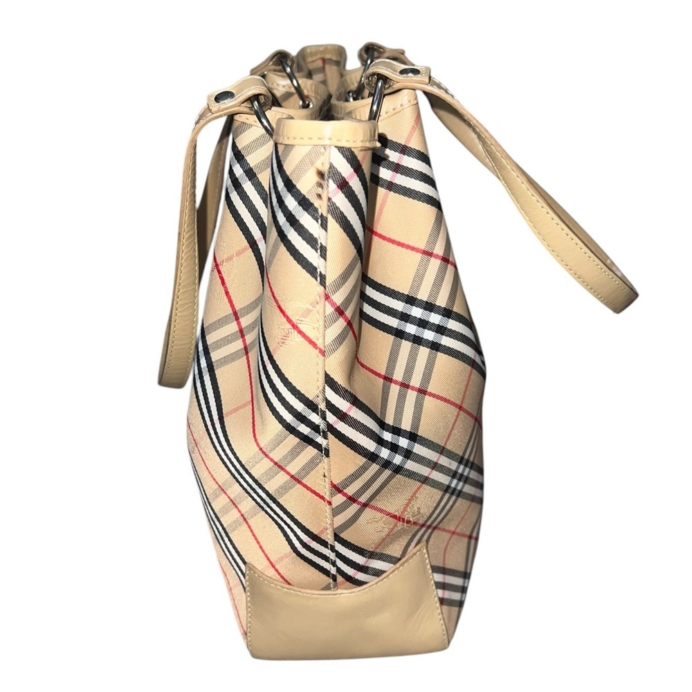 Burberry Nova Check Canvas Leather Tote Tan Black Red Traditional Plaid Pleated - Picture 3 of 16